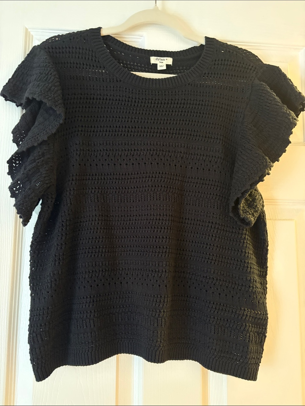 dylan Black Crochet Openwork Flutter-Sleeve Top